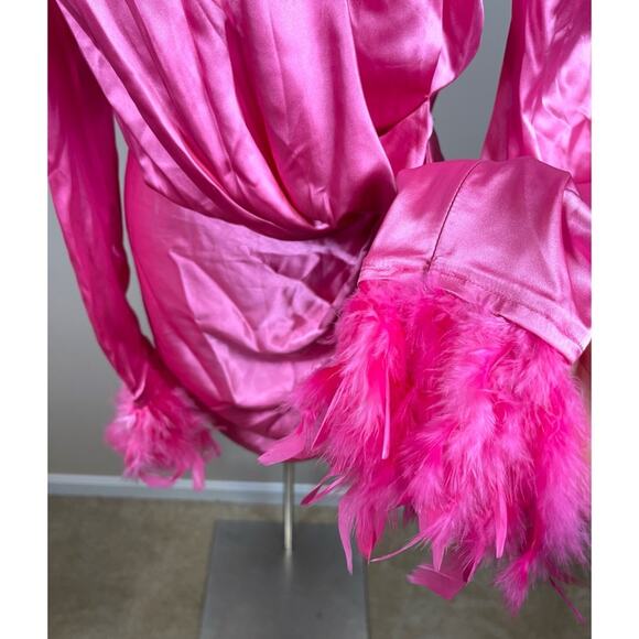 Bronx and Banco Nadine Long Sleeve Draped Ruched Feather Pink Mini Dress Sz M - Picture 7 of 11
